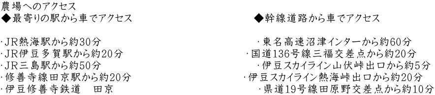 農場へのアクセス  ◆最寄りの駅から車でアクセス                                ◆幹線道路から車でアクセス   ・JR熱海駅から約30分　　　　　　　　　　　　　　・東名高速沼津インターから約60分  ・JR伊豆多賀駅から約20分　　　　　　　　　　　・国道136号線三福交差点から約20分 ・JR三島駅から約50分　　　　　　　　　　　　　　・伊豆スカイライン山伏峠出口から約5分 ・修善寺線田京駅から約20分　　　　　　　　　　・伊豆スカイライン熱海峠出口から約20分 ・伊豆修善寺鉄道　田京　　　　　　　　　　　　　・県道19号線田原野交差点から約10分